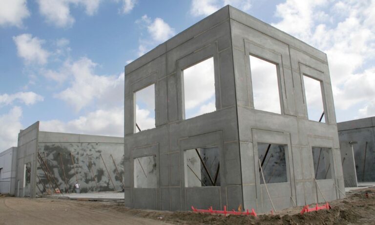 tilt-wall concrete wall against cloudy sky during Houston commercial construction